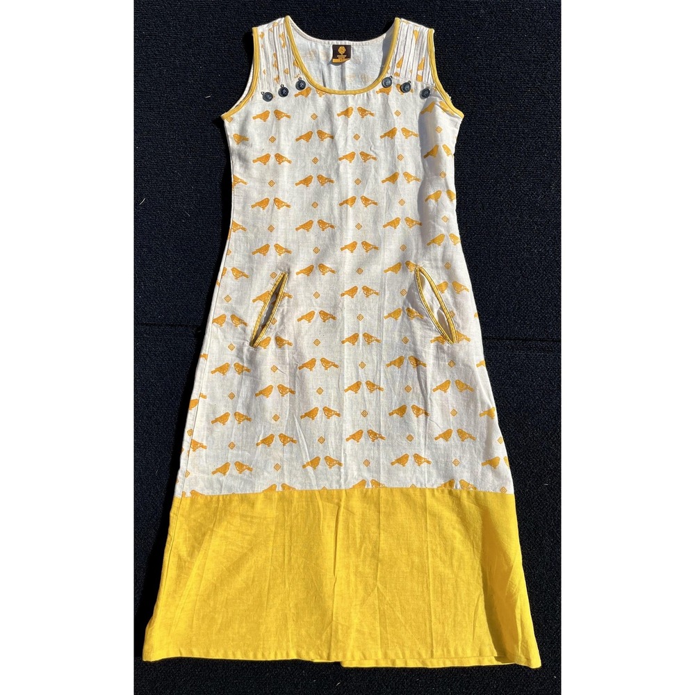 Mother Earth Dress Womens XS White Yellow Bird Print Sleeveless Pockets A-Line - Picture 2 of 12
